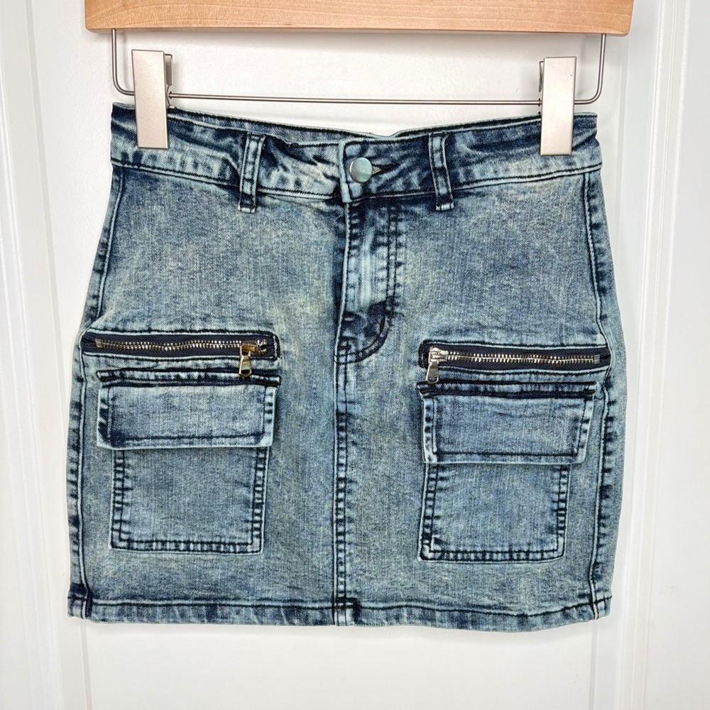 American Bazi Acid Wash Denim Mini Skirt Cargo Pockets Blue Sz: SY2K Streetwear
